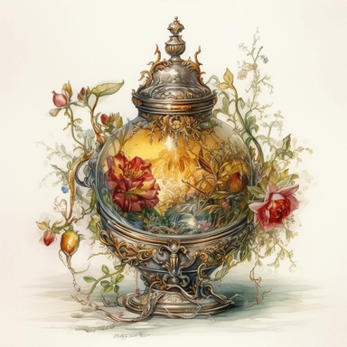 llustration watercolor fantasy art of engraved fancy-shaped witchcraft potion made of sunrise for a witch, overgrown with moss and branches, roses and prickly rosehip, decorated with jewelry, golden sparkle glitter, masterpiece by Jean-Baptiste Monge style and by Ivan Fedorovich Choultse style and Hans Zatzka style and Vladimir Kush style, Baroque style, PNG clipart, isolated on white, extreme photorealistic details, 32k HD resolution, realistic high detailization high resolution