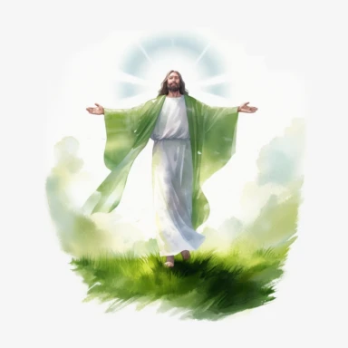 watercolor Jesus stands on a lush green field, his arms outstretched towards the heavens above. His white robe flows in the breeze as the sun's rays cast a warm glow over his serene face. Above him, a beam of light pierces through the clouds, illuminating his uplifted hands in a divine aura. Outstanding vivid design png realistic full body cartoon in 32K UHD cute 15cm thick outline no shadows on 8k background with realistic watercolors. And detailed illustrations PNG clipart transparent white ba