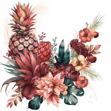 watercolor dusty burgundy floral in the far bottom left corner and far top right coner only, and pineapples in the far bottom left left corner and far up right corner only, clipart, coral, white background, no text