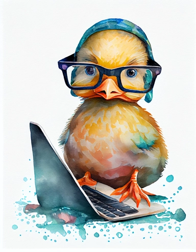 detailed watercolor kawaii duck with eyeglasses using the computer, facing front, isolated on a white background, clipart