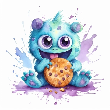 cute Monster eat Cookies , watercolor, watersplash, White Background,sweet, funny, Clipart