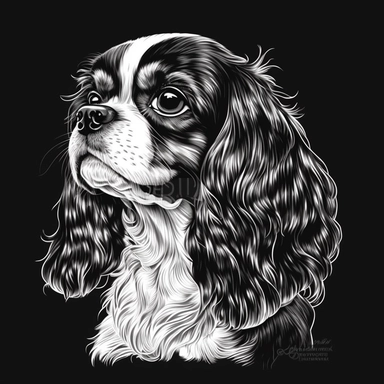 cavalier King Charles spaniel vector illustration, black and white, clipart style, simple clean bold lines, cartoonistic style, white background