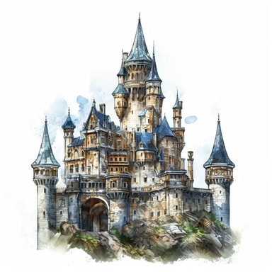 isolated images, illustrations on a white background, realistic medieval castle, Clipart, watercolor, realistic, isolated, full building, highly detailed, hdr, 32K, photo expert quality, watercolor realistic, hyperrealistic and highly detailed, isolated on a white background