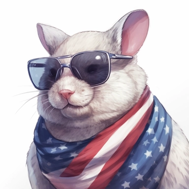 Chinchilla, wears American flag scarf and sunglasses, closeups shot, low angle, watercolor style, hyper-realistic animal illustrations, 2d game art, quadratura, clipart, on white background,