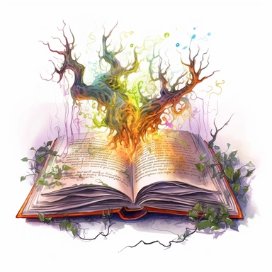 Solid white background, Detailed watercolor open ancient magic book with carnivorous vines swelling from the book's pages clipart. The visable pages of the book have fire etched runes on them visibly.