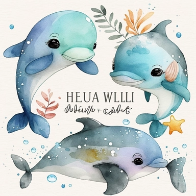 Cute Baby Dolphin Watercolor Clipart Set Kawaii Dolphin Adorable Baby Fish