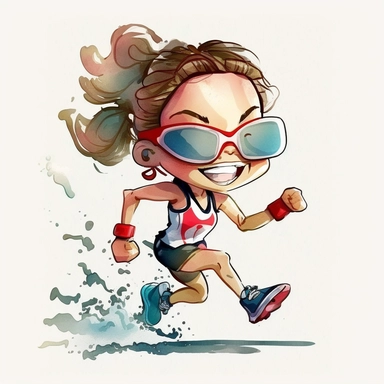 a watercolor painting of chibi Triathlete girl running, wearing a triathlon gear, with athletic outfits, full body, smiling, Sport graphics, action clipart, 8k, watercolor, light colors, isolated on white background, 3d