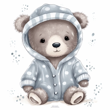 Clipart of a cute baby bear wearing cozy pajamas on white background. Add small details like a bear ear hat or fluffy slippers to accentuate the cute and cozy look