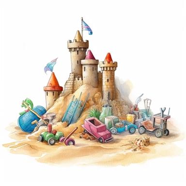 Highly Detailed image of watercolor style clip art style staged sand castles with beach toys and additional accessories on a white background