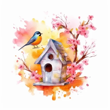 vector clipart, isolated on white background, beautiful lovely Watercolor Spring wooden bird house hanging on the orange bloming tree, ornated, pastel and saturated colors