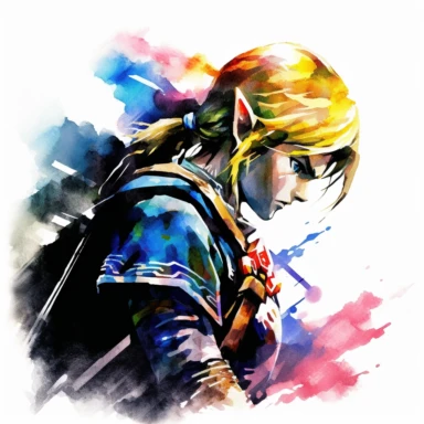 Legend of Zelda Link, close-up side profile view, colorful clipart watercolor, black background