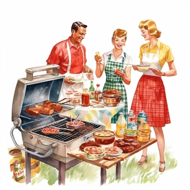 A backyard barbecue party, complete with vintage grills, classic picnic food, and people wearing retro aprons, american style, watercolor, clipart