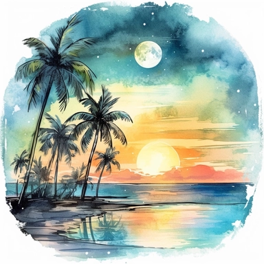 Under the watchful gaze of the moon, a mesmerizing holographic beach emerges in the depths of night, painted in captivating strokes. watercolor clipart. watercolor clipart. watercolor clipart. With a gentle and natural lighting casting its glow, the colors of this scene emanate a sense of wonder and relaxation. The composition is crafted to offer the best possible view, focusing solely on the ethereal interplay between sand and water. The holographic waves gently lap against the shore, their lum