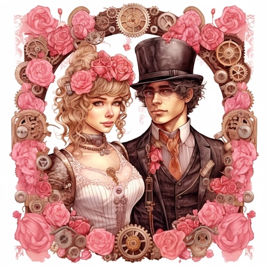 Portraits of a steampunk duo enclosed within a floral frame made of gears and blooming roses, their attire exuding the elegance of red and pink steampunk fashion. Ultra high quality, intricate detail, retro-futurism, pastel clipart, white background