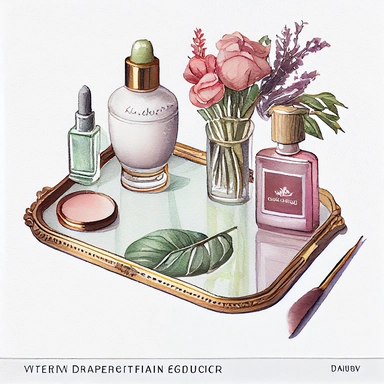 watercolor, hyper realistic, white background, white margins, 16k, ultra detailed clipart, cut out image, hand-drawn An antique-inspired vanity tray with vintage perfume bottles arranged on it, accompanied by a mirror, a brush, and other beauty accessories. Use soft and muted colors such as dusty rose, antique gold, lavender, and sage green for a vintage-inspired palette