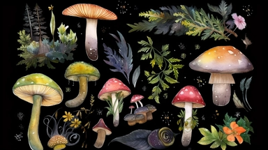 detailed watercolour elements, enchanted forest, clip art sheet, elements should not touch, leave room around margin, black background