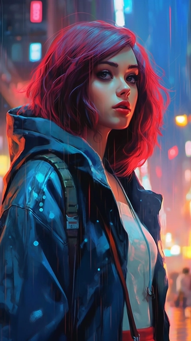 beautiful stunning pretty vintage cyberpunk anime girl, paint art style, clipart, city landscape background, superrealistic, one of a kind