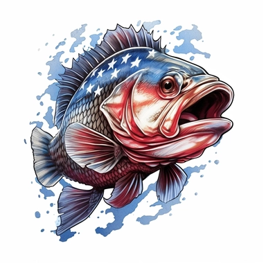 A Bass fish, the american flag with a vintage art style, evoking a patriotic and nostalgic mood, illuminated by bright and bold lighting, T - shirt design graphic, vector, contour, white background style by Lucy Fleming, watercolor, smooth gradients, black contour outline, ultra detailed, clipart elements, delicate pastel colors, solid white background, super clear, high quality