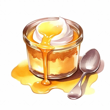 Watercolor japanese egg custard purin with whipped cream clipart, hd, on white background, spaced out