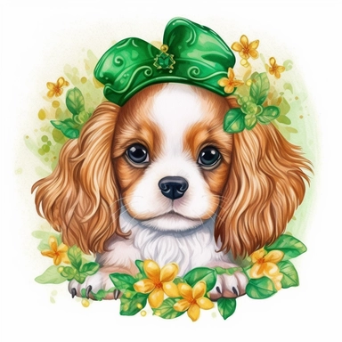create a beautiful original high quality highly detailed watercolor clipart image of a small and adorable king charles cavalier puppy smiling with the puppys head sticking out of the middle of a beautiful st. patricks day wreath made out of green clovers and cute leprechaun hats and pots of gold, include high detail to the puppys fur, include great detail to the wreath, include st. patricks day colors, white background, no text, no font, no words