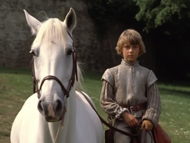 arthur as a young squire is walking next to a white horse, medieval clothing, vhs clip of 1981 movie the grail, in the style of home video, video prompt