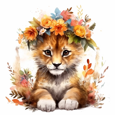 Clipart of baby Lion, a lion cub sitting in a field of flowers with crown of the flower, watercolor painting, white background, featured on pixiv, computer art, madhey of flowers, watercolor, digital illustration, detailed painting, realistic