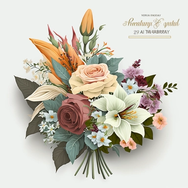 Design a beautiful bouquet clipart that would be perfect for celebrating Mother's Day. The bouquet should feature a variety of flowers, such as roses, lilies, and daisies, arranged in a stylish and elegant way. The clipart should be set against a clean white background, making it perfect for use in greeting cards, flyers, and social media posts.
