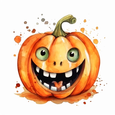Halloween pumpkin, funny face, watercolor illustration for kids and children, clipart, sublimation, white background