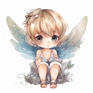 chibi little girl, big eyes, dressed as a fairy with wings on her back, beautiful and happy, she is sitting and head is turned towards camera, very detailed and realistic, watercolor, white background with margins, clipart style