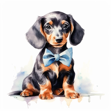 Clipart, watercolor, white background: A dachshund puppy sitting on a cushion with a bowtie, exuding style and charm.