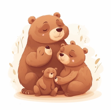 Clipart with cute bear family on white background. A big bear lovingly hugging or playfully interacting with the baby bear. Use different sizes of the bears to represent the relationships within the family