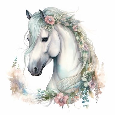 hand drawn white horse, with flowing mane and braids, full body, whimsical, fantasy, in pale shades of blue sage green soft pink and pale yellow, flowers, glamorous, realistic, watercolor, clipart style, white background with margins