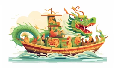 chinese new year dragon design dragons fish boat cartoon clipart, in the style of light green and crimson, uhd image, dutch marine scenes, sopheap pich, traditional costumes, arthur dove, multi-layered figures