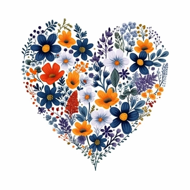 heart shaped composition of tiny wildflowers, 2d flat design, hand painted, colorful summer color palette in the style of Rifle Paper Company, clipart on white background, tshirt design