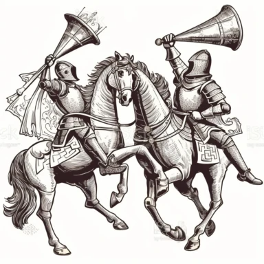 two knights jousting on horseback with megaphones in their hands as they charge towards eachother cartoon drawing clipart vector black and white detailed crosshatched vintage