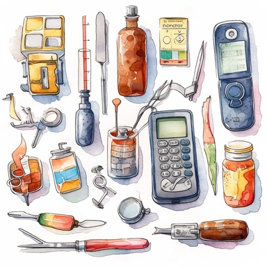 watercolor diabetes mellitus related scenes and medical devices or tools , illustrations clipart set, simple, , cartoon elements ,different variants , glucometer, insulin syringe, nurse, doctor, stethtescope, weighing scale, tweezers, microscope, saline bag, thermometergauze, rubber gloves, pills, medical chair, hot water bag, scalpel, otoscope, first aid kit, pills, ambulance, , separate elements with a margin, ,4k, high resolution