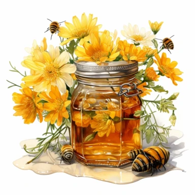 An ultra-detailed watercolor clipart illustration, drawn with a thick watercolor line, adorned with [honey jar with flowers] with the bouquet, isolated on a white background, in the style of ultra-realistic watercolor clipart illustrations, intricately detailed watercolor clipart illustrations, hyperrealistic watercolor clipart illustrations, and high-resolution watercolor clipart illustrations