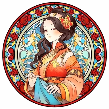 Vintage Cute Beautiful Round Stained Glass Asian Girl Sublimation Clipart, Cartoon, hyper realistic, intricate detail, illustration style, high solution, on the white background