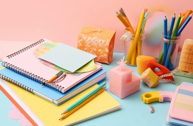 school supplies stock photo, royalty free stock images, and clipart, in the style of y2k aesthetic, light pink and azure, anti-clutter, minimalist designs, frequent use of yellow, storybook-like, eccentric props, orange and green