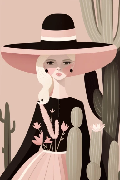 <https://s.mj.run/VafKh_OyowI> Mary Blair style, minimalistic nordic style single clipart, single black traditional mexican fashion model portrait with mexican sombrero amd cactus, minimalistic pastel pink color palette,