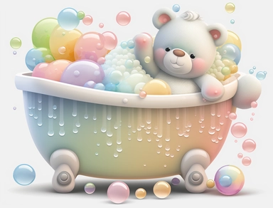 clipart image of white claw foot tub, cartoon little bear, with pastel rainbow bubbles, transparent background, logo, png, high quality, 4k,