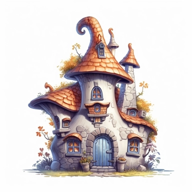 enchanted detailed fantasy fairy tale elf house in cartoon style, creamy warm blue colors on white plane background, impressive, 4k, clipart