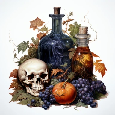 an svg vector clipart image of a Halloween still life oil painting inside an organic shape, Thomas Kincade style, hyper realistic, plain white background