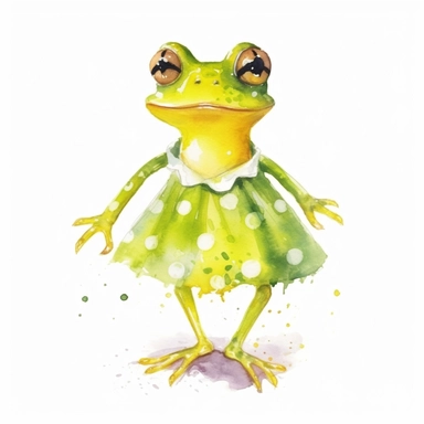 green frog with long arms and legs in an yellow dress with print, cartoon style, simple style, watercolor, frog clipart, white background