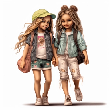 little girl best friend fashion illustration clipart, png file, hyper realistic, transparent background,high detail, 8k