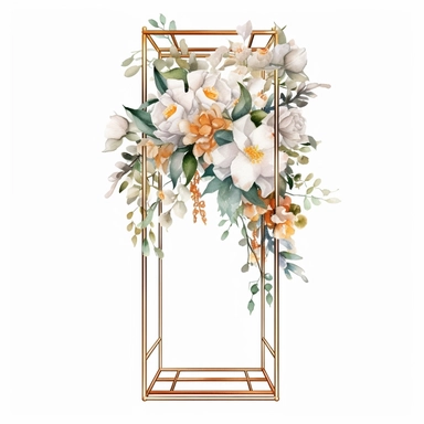 watercolour beautiful realistic white real floral wedding flower spray on gold rectangle tall frame stand realistic elegant wedding floral display stand with white glitter wedding flowers ,clip art graphics , PNG image,transparent background ,ultra highly detailed, 18k, sharp focus, bright photo with vibrant colours, digitally enhanced,photographic, enhanced graphics, png format, straight, sharp focus, bright lighting, intricate detailed png image ,high definition,300dpi,graphic clipart,computer