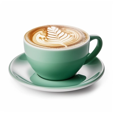 Side view of hot latte coffee with latte art in a green cup and saucer isolated on white background with clipping path inside