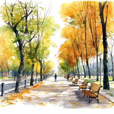 watercolor, hyper realistic, white background, white margins, 16k, ultra detailed clipart, cut out image, hand-drawn a peaceful park with benches under a canopy of colorful trees. Show people strolling along the pathways, enjoying the beauty of autumn.