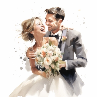 watercolor, drawing, illustration of the bride and groom, bride short hair, laughing, wedding dance, holding a bouquet, flowers, clipart, high resolution image, detailed image, photorealistic, 3D, 4K