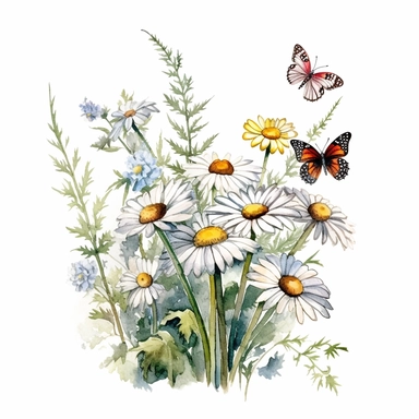 3d butterflies, wildflowers of spring flowers, fern, daisies, lady bug botanical watercolour illustration clipart, space out with white transparent background--tile--ar3:2